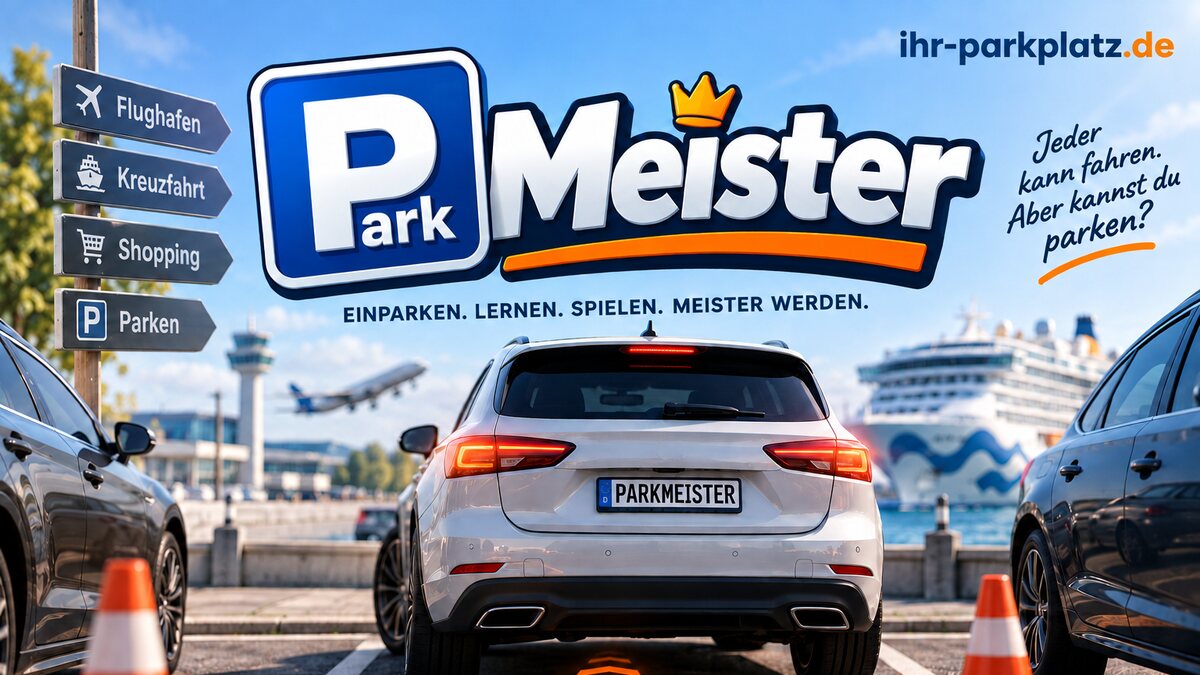 Cover des Einparkspiels ParkMeister: Ein weißer Kombi steht rückwärts vor einer engen Parklücke zwischen zwei Autos, davor orangefarbene Pylonen und das ParkMeister-Logo