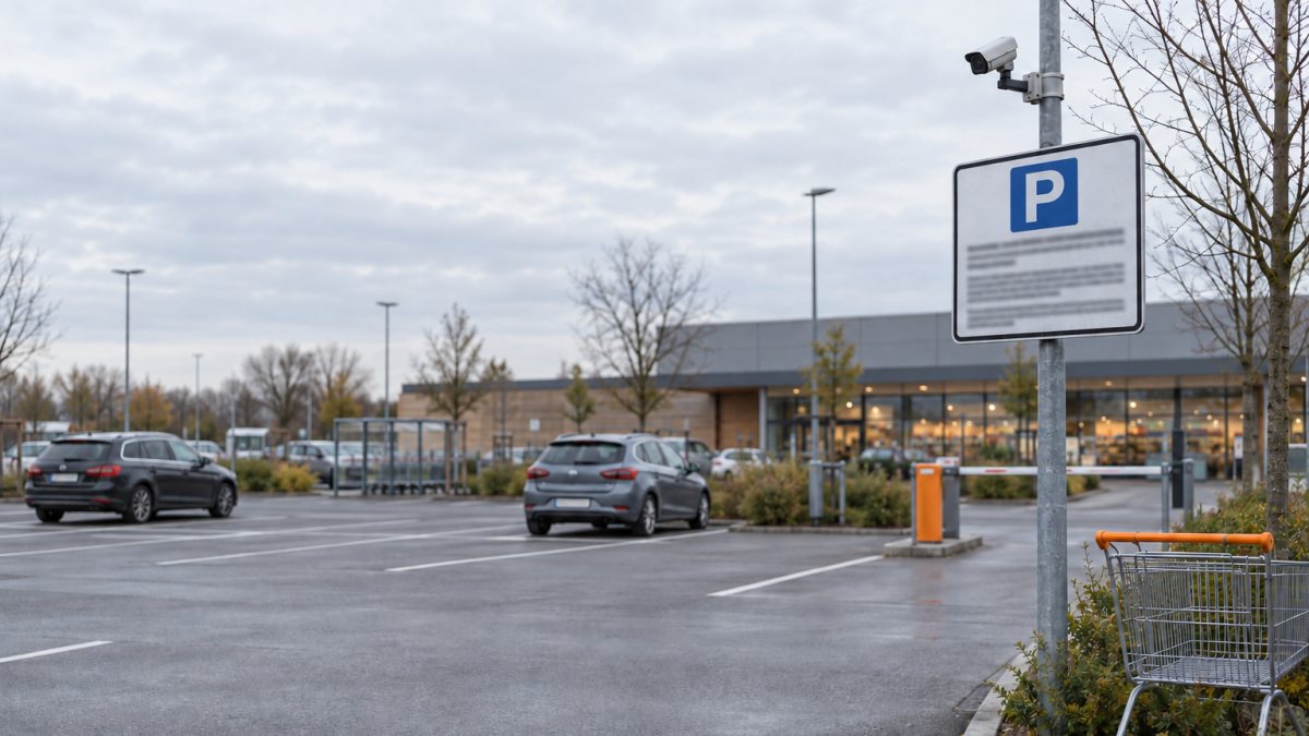 Kundenparkplatz eines Supermarkts mit markierten Stellflächen, Hinweisschild mit Parkzeichen, Überwachungskamera auf einem Mast, Schrankenanlage und Einkaufswagen