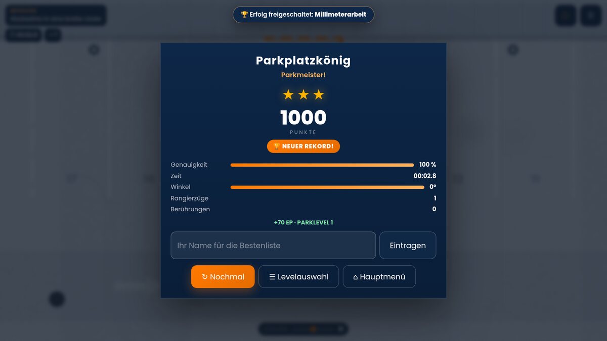Ergebnisbildschirm im kostenlosen ParkMeister Browsergame: drei Sterne, 1000 Punkte und Rang Parkplatzkönig